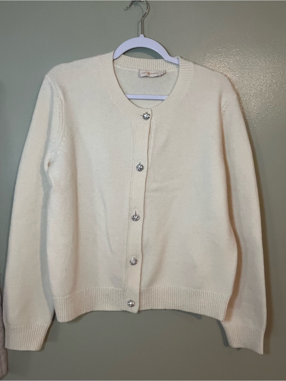 Tory Burch Cream Crystal-Button Knit Cardigan Wool Preppy L